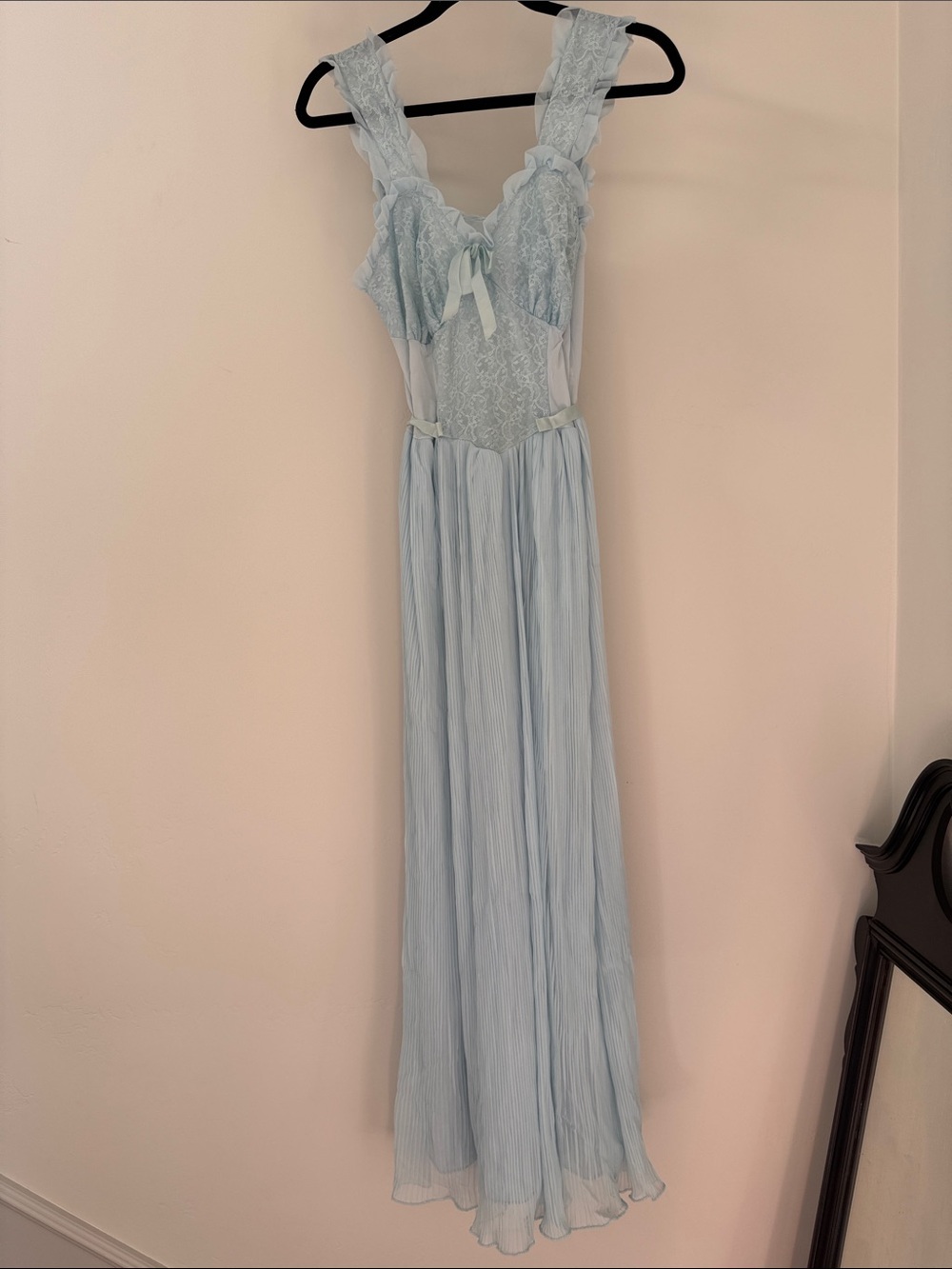 Vintage Blue Lace Peignoir Nightgown Romantic Lingerie Cottagecore Pleated
